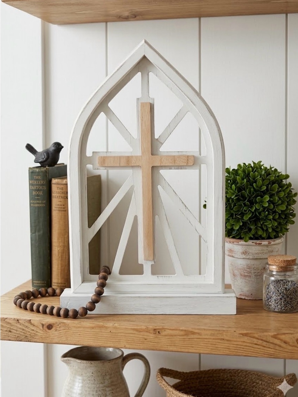 Willow Spring Wood Cathedral Window Arch Cross Tabletop Mantel Decor White